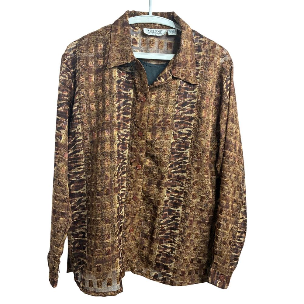 Selene Sport Vintage Semi-Sheer Button Down Blouse Medium Metallic Animal Print